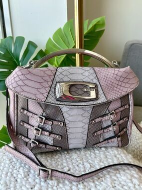 Vintage Y2K Guess Pink Snakeskin Satchel | Rhinestone G Buckle Crossbody Purse